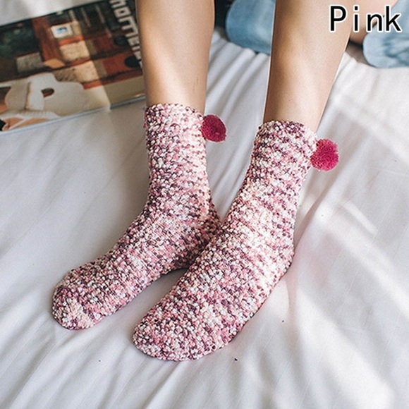 Pink Fluffy Pom Pom Socks - Picture 1 of 2